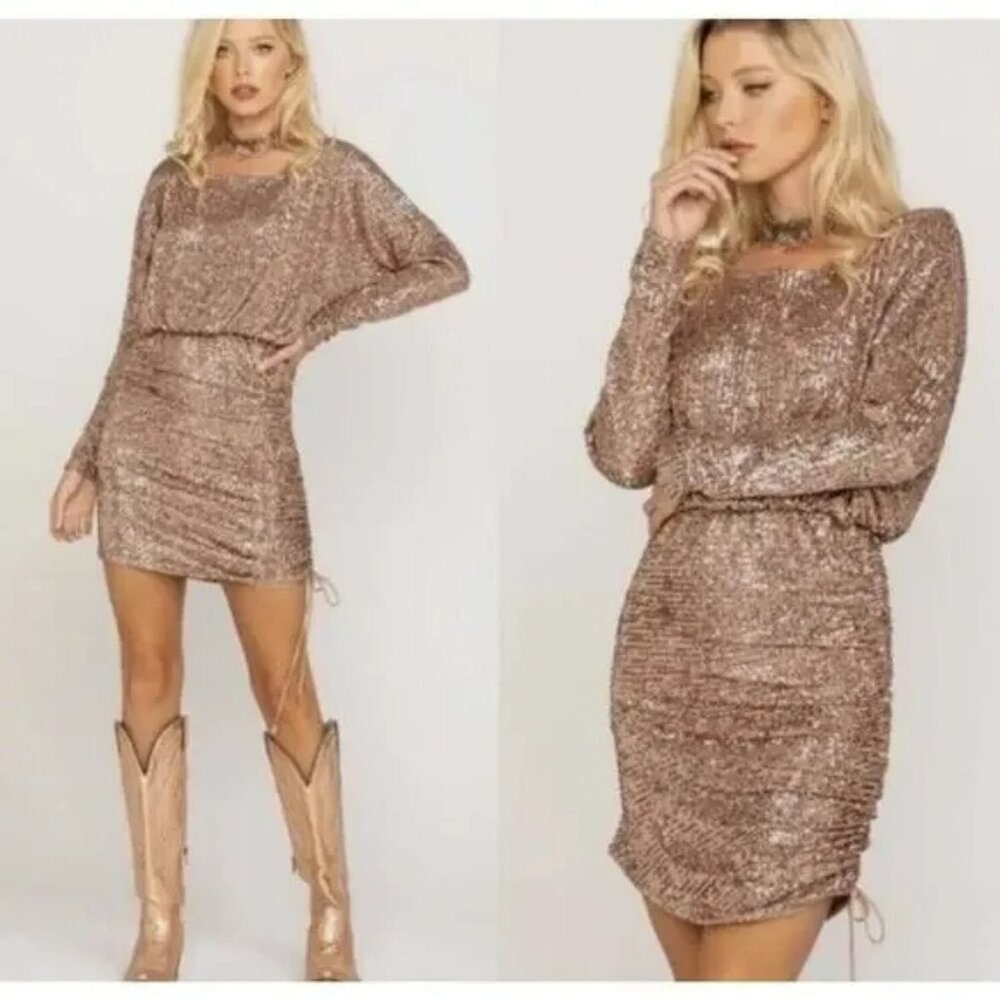 NWT FREE PEOPLE Rose Gold GISELLE Sequin Drawstring Rouche Dress.  SZ S